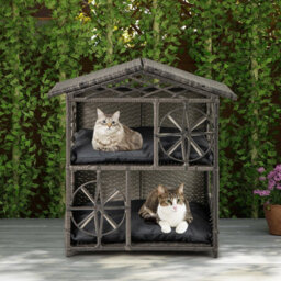 Costway Wicker Cat House 2-Tier Cats Condo Enclosure W/ Removable Cushions-Grey - thumbnail 6