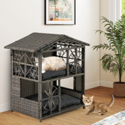 Costway Wicker Cat House 2-Tier Cats Condo Enclosure W/ Removable Cushions-Grey - thumbnail 7