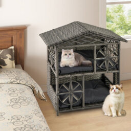 Costway Wicker Cat House 2-Tier Cats Condo Enclosure W/ Removable Cushions-Grey - thumbnail 3