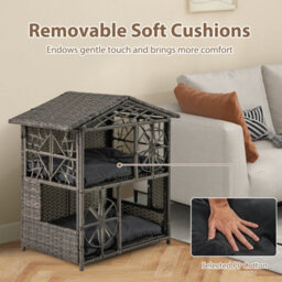 Costway Wicker Cat House 2-Tier Cats Condo Enclosure W/ Removable Cushions-Grey - thumbnail 5