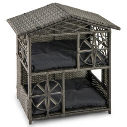 Costway Wicker Cat House 2-Tier Cats Condo Enclosure W/ Removable Cushions-Grey