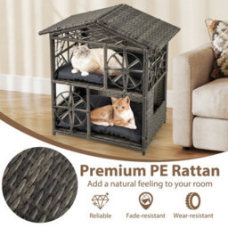 Costway Wicker Cat House 2-Tier Cats Condo Enclosure W/ Removable Cushions-Grey - thumbnail 8