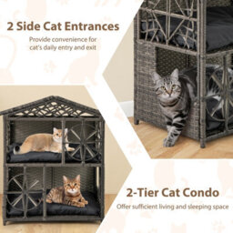 Costway Wicker Cat House 2-Tier Cats Condo Enclosure W/ Removable Cushions-Grey - thumbnail 9