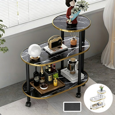 Black Marble Effect 3-Tier Rolling Coffee & Side Table With Gold Frame - image 1