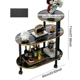 Black Marble Effect 3-Tier Rolling Coffee & Side Table With Gold Frame - thumbnail 2