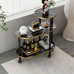 Black Marble Effect 3-Tier Rolling Coffee & Side Table With Gold Frame - thumbnail 3