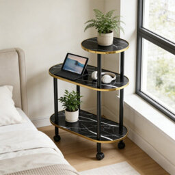 Black Marble Effect 3-Tier Rolling Coffee & Side Table With Gold Frame - thumbnail 4