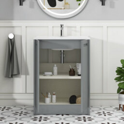 Royal Bathrooms Elmore 600mm Traditional Floor Standing 2 Door Bathroom Vanity Unit With Ceramic Basin Sink - Matt Pebble Grey - thumbnail 5