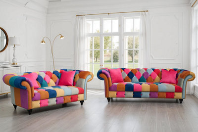 Multicoloured Velvet Patchwork 3 + 2 Seater Chesterfield Sofa Set For Living Room Portofino - image 1