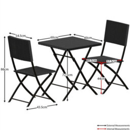 Black 3 Piece Rattan Bistro Dining Set Outdoor Garden Balcony Folding Table Chair - thumbnail 2