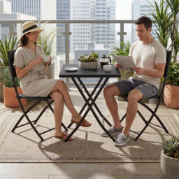 Black 3 Piece Rattan Bistro Dining Set Outdoor Garden Balcony Folding Table Chair - thumbnail 5
