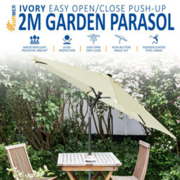 Sunmer 2M Push-Up Garden Parasol Sun Shading Umbrella With Tilt, Water Repellent Polyester, Powder-Coated Steel Frame - Ivory - thumbnail 2