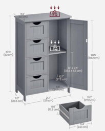 Songmics Bathroom Storage Cabinet, Floor Standing Unit With Drawers, Door Storage, Adjustable Shelf, Mystic Grey - thumbnail 2