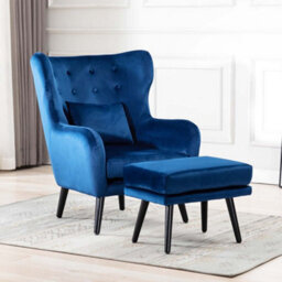 More4Homes Winslow Wing Back Occasional Bedroom Living Room Button Back Velvet Fabric Accent Chair Armchair (Blue W Footstool)