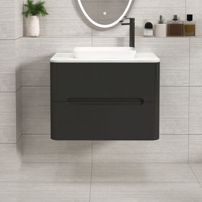 Royal Bathrooms Venice 700mm Matt Nocturne Black Wall Mounted Bathroom Countertop Vanity Unit 2 Drawer With Qubix Basin - image 1