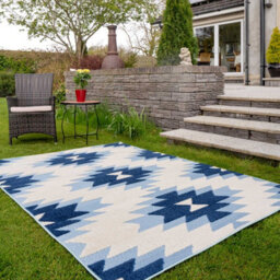 Loomed Blue Textured Tribal Geometric Weather-Resistant Outdoor Patio Area Rug 160X230Cm - thumbnail 1