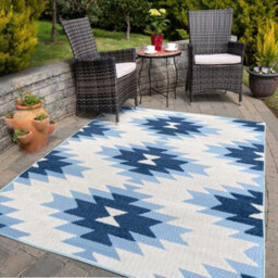 Loomed Blue Textured Tribal Geometric Weather-Resistant Outdoor Patio Area Rug 160X230Cm - thumbnail 2