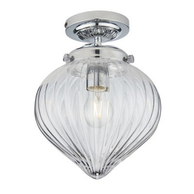 Luminosa Lighting Luminosa Cheston Semi Flush Ceiling Light Chrome, Clear Ribbed Glass Globe Shade, Ip44 - image 1