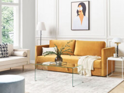 Beliani Sofa Bed 3 Seater Eksjo Velvet Mustard With Storage - thumbnail 2