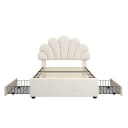 Abrihome 3Ft Single Upholstered Bed Frame With Adjustable Petal Headboard, Luxe Velvet Storage Bed, 2 Drawers & Solid Wood Slats, Beige - thumbnail 6