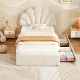 Abrihome 3Ft Single Upholstered Bed Frame With Adjustable Petal Headboard, Luxe Velvet Storage Bed, 2 Drawers & Solid Wood Slats, Beige - thumbnail 7