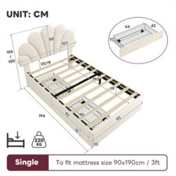 Abrihome 3Ft Single Upholstered Bed Frame With Adjustable Petal Headboard, Luxe Velvet Storage Bed, 2 Drawers & Solid Wood Slats, Beige - thumbnail 4