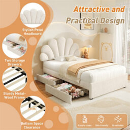 Abrihome 3Ft Single Upholstered Bed Frame With Adjustable Petal Headboard, Luxe Velvet Storage Bed, 2 Drawers & Solid Wood Slats, Beige - thumbnail 3