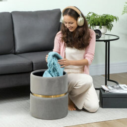 Wyld Haus Rivera Velvet Light Grey Ribbed Storage Ottoman With Gold Accent, 36 X 36 X 44 Cm - thumbnail 8