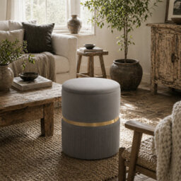Wyld Haus Rivera Velvet Light Grey Ribbed Storage Ottoman With Gold Accent, 36 X 36 X 44 Cm - thumbnail 1