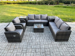 Fimous High Back Rattan Garden Furniture Set With Square Coffee Table 2 Side Tables Patio Lounge Sofa Set Dark Grey Mixed - thumbnail 2
