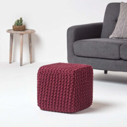 Homescapes Plum Cube Cotton Knitted Pouffe Footstool - thumbnail 2