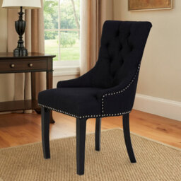 Orsina Black Linen Dining Chair, Comfortable High Back Office Chair, Aesthetic Linen Chair For Living Room - thumbnail 1