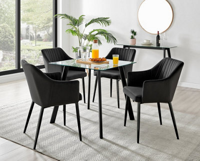Furniturebox Seattle Scandi Inspired Glass And Black Metal Leg Square Dining Table & 4 Black Calla Velvet Black Leg Chairs - image 1