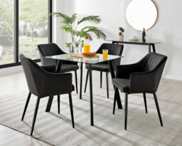 Furniturebox Seattle Scandi Inspired Glass And Black Metal Leg Square Dining Table & 4 Black Calla Velvet Black Leg Chairs - thumbnail 1