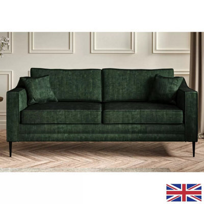 Aspen Green Velvet 3 Seater Sofa, Foam Cushions, Reversible Back & Seat, Piped Detailing, Black Metal Stiletto Legs - image 1