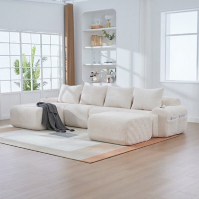 Abrihome Beige 4-Seater Modular Cord Sofa With 2 Ottomans, Cup Holders & Side Storage Pockets - image 1