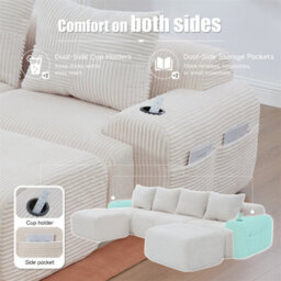 Abrihome Beige 4-Seater Modular Cord Sofa With 2 Ottomans, Cup Holders & Side Storage Pockets - thumbnail 5