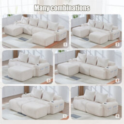 Abrihome Beige 4-Seater Modular Cord Sofa With 2 Ottomans, Cup Holders & Side Storage Pockets - thumbnail 4