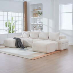 Abrihome Beige 4-Seater Modular Cord Sofa With 2 Ottomans, Cup Holders & Side Storage Pockets