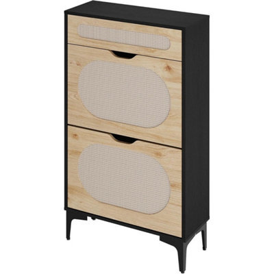 Rattan Narrow Shoe Cabinet With 2 Flip Drawer 1 Pull Out Drawer Shoe Storage - image 1