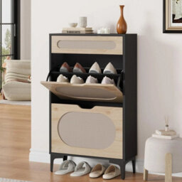 Rattan Narrow Shoe Cabinet With 2 Flip Drawer 1 Pull Out Drawer Shoe Storage - thumbnail 4