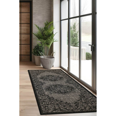 Melrose County Sisal Inspired Traditional Medallion Large Black Non-Slip Area Runner Rug 060/230Cm - image 1