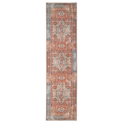 Loomed Distressed Terracotta Blue Persian Style Washable Non Slip Runner Rug 60X240Cm - image 1