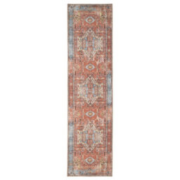 Loomed Distressed Terracotta Blue Persian Style Washable Non Slip Runner Rug 60X240Cm - thumbnail 1