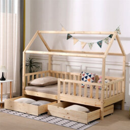 1001 Furniturehmd Wooden Kids Bed Frame,solid Pine Wood,3 Ft Single House Bed Frame,chidren Floor Bed With Two Drawers - thumbnail 3