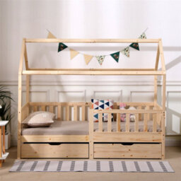 1001 Furniturehmd Wooden Kids Bed Frame,solid Pine Wood,3 Ft Single House Bed Frame,chidren Floor Bed With Two Drawers - thumbnail 1