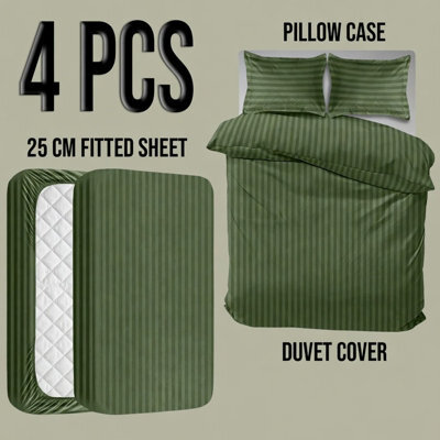 Oxford Homeware Olive Green King Stripe Soft Microfiber Duvet Cover, Fitted Sheet & Pillowcase Set 4 Piece Bedding Set