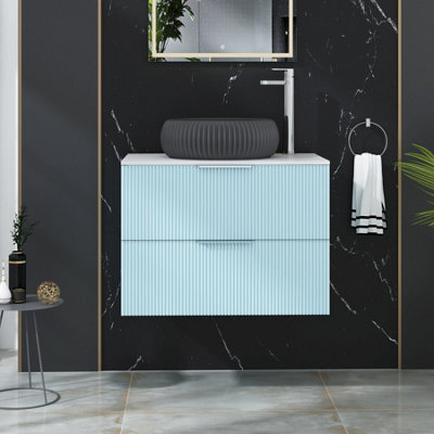 Royal Bathrooms Evora 700mm Powder Blue Fluted Wall Hung Countertop Vanity Unit 2 Drawer With Milan Black Basin - image 1