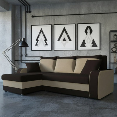 Kris M Corner Sofa Bed With Storage Ottoman Polyurethane Foam Wooden Frame Plastic Legs 238X147X80Cm Brown And Beige - image 1
