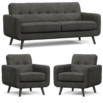 Furnishings For Less UK Kendal Fixed Back Graphite 3 Piece Sofa Suite 3 Seater And 2 Armchairs - image 1